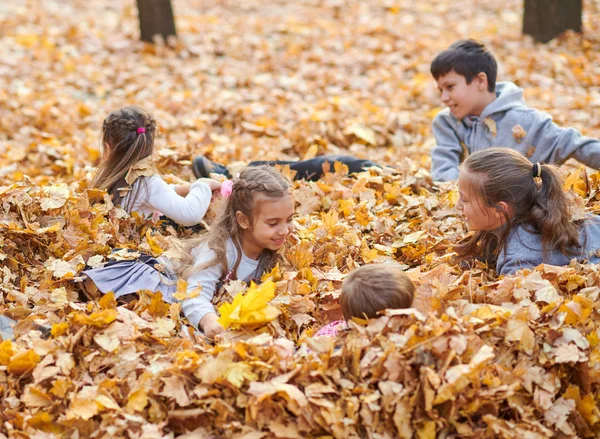 Bambini Sono Sdraiati Giocano Sulle Foglie Cadute Nel Parco Cittadino — Foto Stock