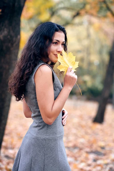 Красивая женщина с желтыми листьями позирует в осеннем городском парке . — стоковое фото