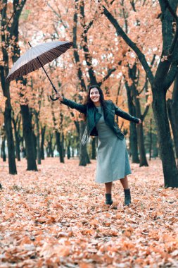 Sonbahar parkta poz şemsiye olan kadın. Parlak sarı yapraklar ve ağaçlar. O rüzgar taklit.