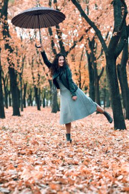 Sonbahar parkta poz şemsiye olan kadın. Parlak sarı yapraklar ve ağaçlar. O rüzgar taklit.