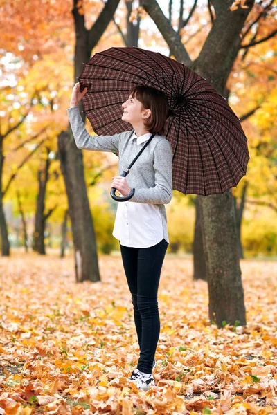 Menina Adolescente Com Guarda Chuva Posando Parque Outono Folhas Árvores — Fotografia de Stock