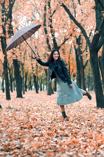 Женщина Зонтиком Позирует Осеннем Парке Ярко Желтые Листья Деревья Имитирует — стоковое фото