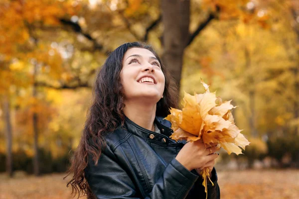 Pretty Woman Posing Bunch Maple Leaves Autumn Park Beautiful Landscape — Stock Photo, Image