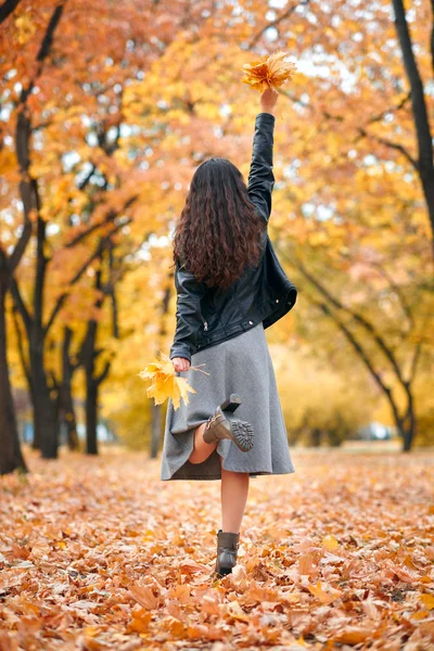 秋の公園でカエデの葉の束でポーズをとってきれいな女性 秋のシーズンで美しい風景 — ストック写真