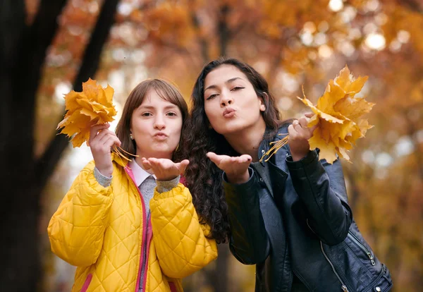 Jolie Femme Adolescente Posent Avec Des Feuilles Érable Dans Parc — Photo