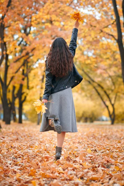 Mulher Bonita Posando Com Monte Folhas Bordo Parque Outono Bela — Fotografia de Stock