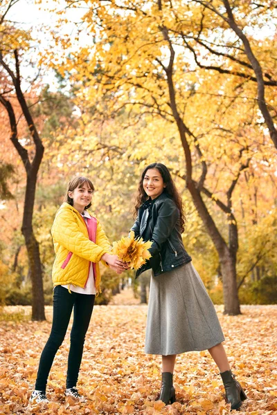 漂亮的女人和十几岁的女孩在秋天的公园里摆姿势 拿着一堆枫叶 秋天的美丽的风景 — 图库照片