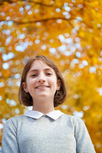 Menina Adolescente Está Posando Perto Árvore Parque Outono Bela Paisagem — Fotografia de Stock