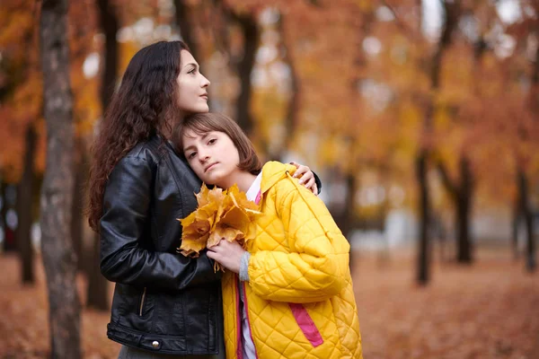 Ładna Kobieta Teen Dziewczyna Pozowanie Kiści Liści Klonu Jesienny Park — Zdjęcie stockowe