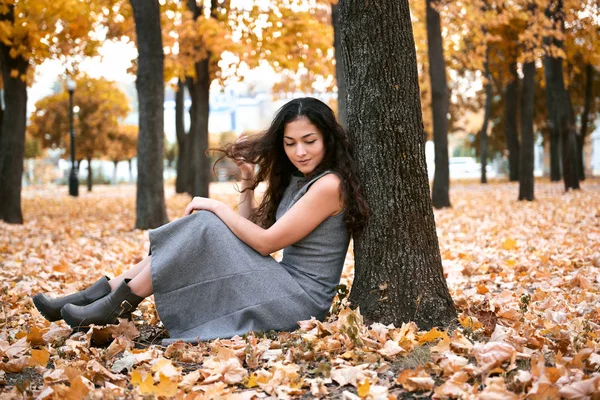 Bella Donna Seduta Nel Parco Autunnale Vicino Grande Albero Bel — Foto Stock