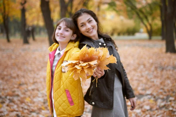 Jolie Femme Adolescente Posent Avec Des Feuilles Érable Dans Parc — Photo