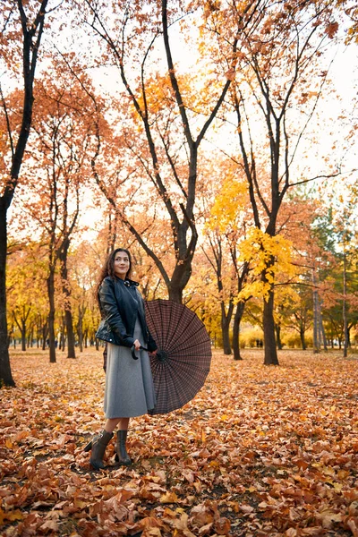 Ładna Kobieta Stwarzających Parasolem Jesienny Park Piękny Krajobraz Jesieni — Zdjęcie stockowe