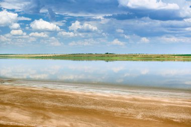 Güzel yaz manzara - kır çiçekleri, göl ve güzel gökyüzü.
