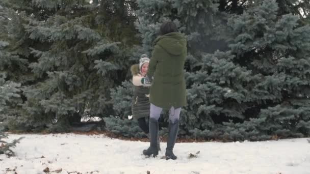 妇女和女孩在冬天的森林里玩雪球 美丽的风景与雪杉树 — 图库视频影像