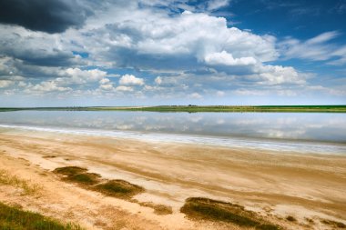 Güzel yaz manzara - kır çiçekleri, göl ve güzel gökyüzü.