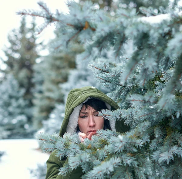 Mujer Triste Está Tocando Ramas Abeto Bosque Invierno — Foto de Stock