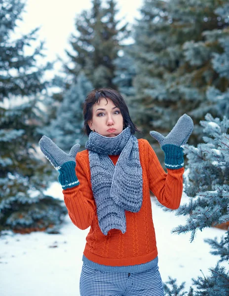 Frau Posiert Winterwald Und Bläst Die Wangen Heraus Schöne Landschaft — Stockfoto