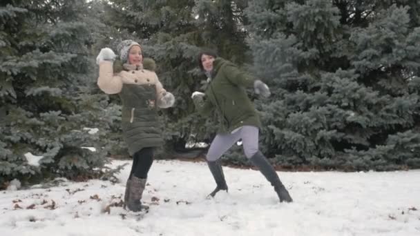 Vrouw Meisje Speelt Met Sneeuwballen Winter Bos Prachtige Landschap Met — Stockvideo