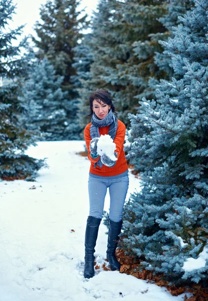 Mujer Está Posando Bosque Invierno Hermoso Paisaje Con Abetos Nevados — Foto de Stock