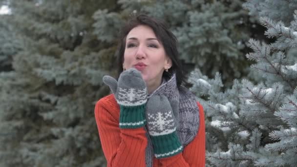 Frau Pustet Kuss Geste Trägt Sie Fäustlingen Winterwald Schöne Landschaft — Stockvideo