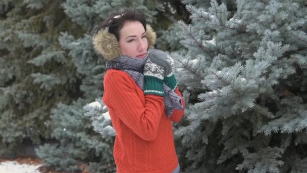 Γυναίκα Θέτοντας Χειμώνας Δάσος Πανέμορφο Τοπίο Χιονισμένα Έλατα — Αρχείο Βίντεο