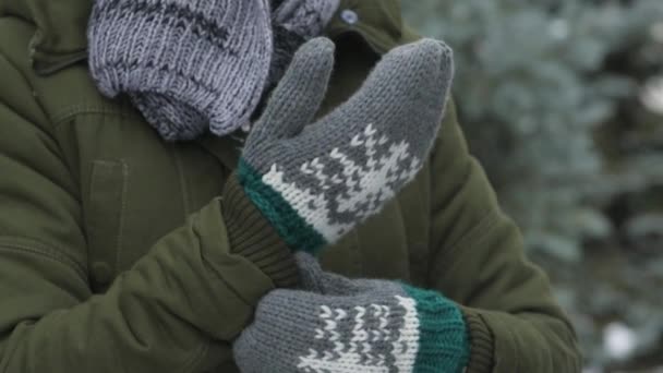 Donna Che Indossa Guanti Pelliccia Nella Foresta Inverno Mani Chiudono — Video Stock