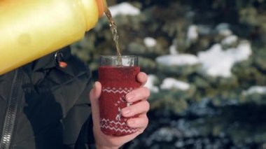 Kadın ormanda, güzel kış manzara karlı köknar ağaçları ile sıcak çay içiyor.