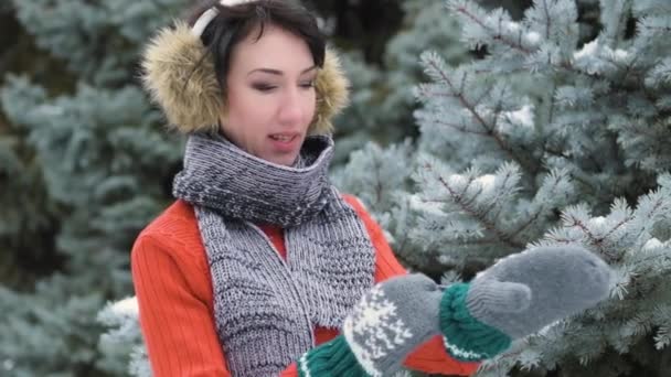 冬天森林里戴着手套的女人 把手放紧 美丽的风景与雪的冷杉树 — 图库视频影像
