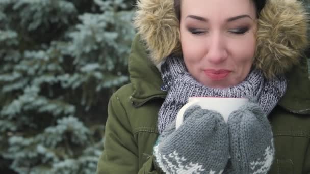 Woman Drinking Hot Tea Coffe Winter Forest She Dressed Fur — Stock Video