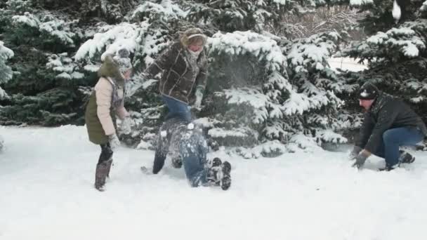 家庭休息在冬天森林 美丽的风景与雪的冷杉树 — 图库视频影像