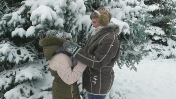 Familia Descansa Bosque Invierno Hermoso Paisaje Con Abetos Nevados — Vídeo de stock