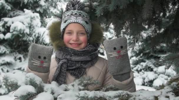 愉快的孩子女孩站立在冷杉树之下 与小猫玩手工手套 冬天森林 美丽的风景与雪的冷杉树 — 图库视频影像