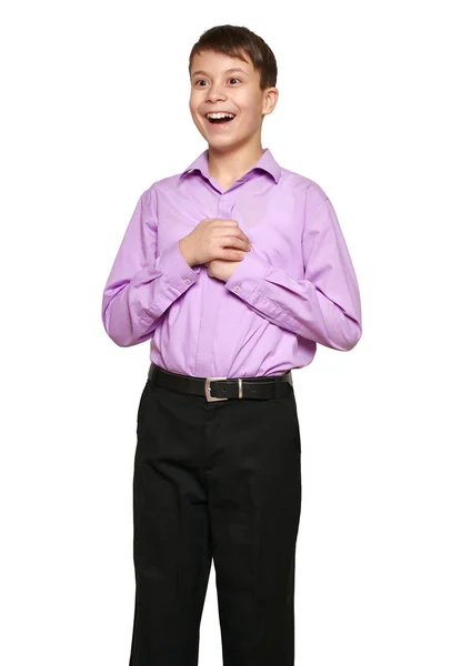 Jongen Die Zich Voordeed Witte Achtergrond Zwarte Broek Paars Shirt — Stockfoto