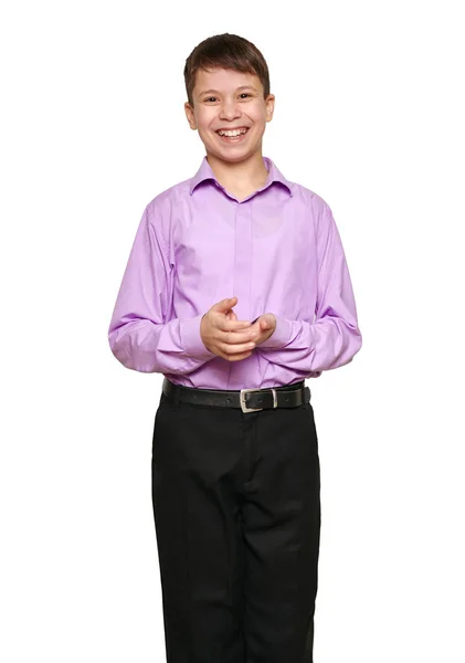 Boy Pózuje Bílém Pozadí Černé Kalhoty Fialové Tričko — Stock fotografie