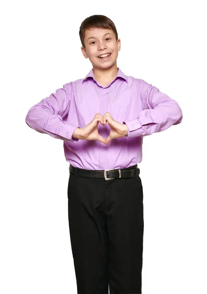 Niño Posando Sobre Fondo Blanco Pantalones Negros Camisa Morada —  Fotos de Stock