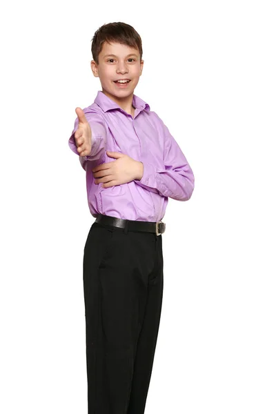 Хлопчик Позує Білому Тлі Чорні Штани Фіолетова Сорочка — стокове фото