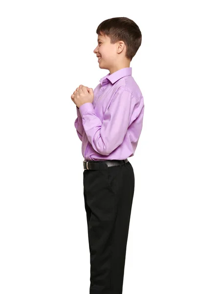 Boy Posing White Background Black Trousers Purple Shirt — Stock Photo, Image