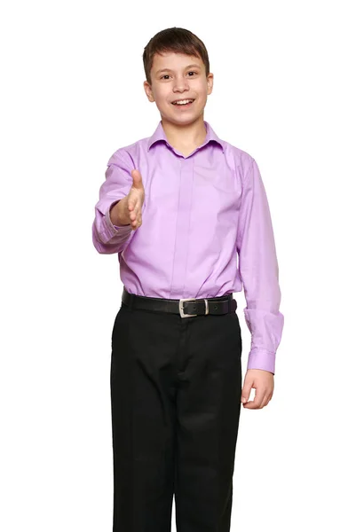 Niño Posando Sobre Fondo Blanco Pantalones Negros Camisa Morada — Foto de Stock