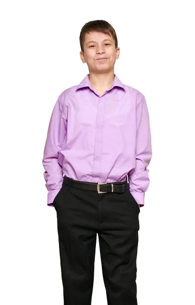 Niño Posando Sobre Fondo Blanco Pantalones Negros Camisa Morada — Foto de Stock