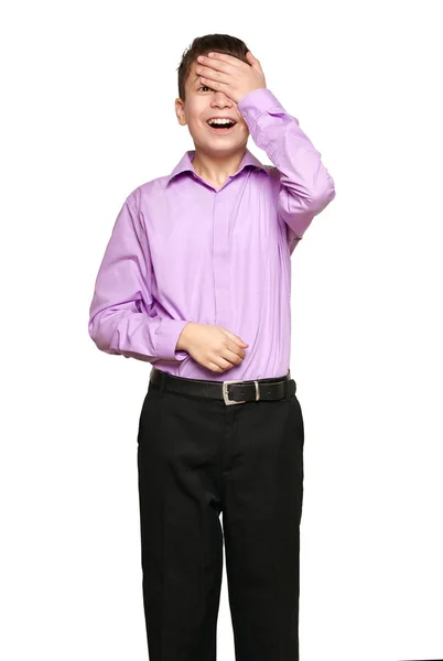 Jongen Die Zich Voordeed Witte Achtergrond Zwarte Broek Paars Shirt — Stockfoto