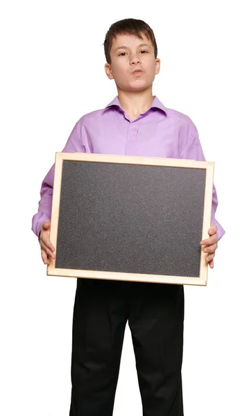 Niño Posando Sobre Fondo Blanco Pantalones Negros Camisa Morada —  Fotos de Stock