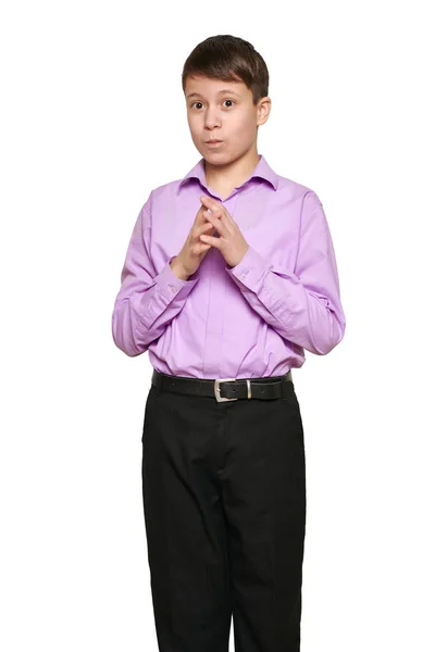 Boy Posing White Background Black Trousers Purple Shirt — Stock Photo, Image