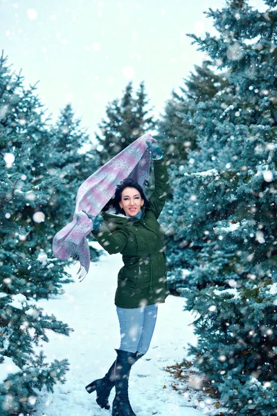 Hermosa Mujer Está Bosque Invierno Abetos Verdes Con Nieve — Foto de Stock