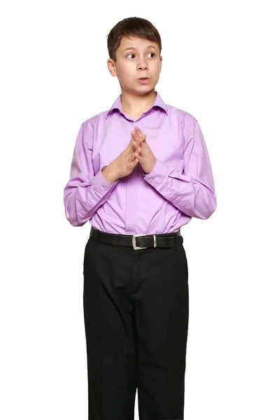 Niño Posando Sobre Fondo Blanco Pantalones Negros Camisa Morada —  Fotos de Stock