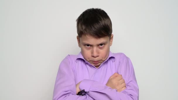 Emotional Boy Posing White Background — Stock Video