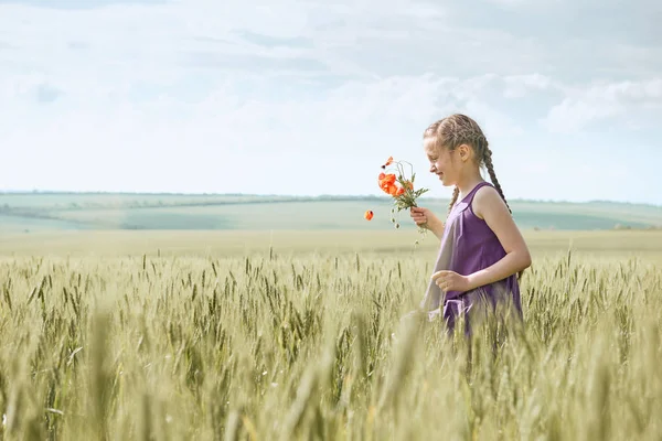 Mädchen mit roten Tulpenblüten posiert im Weizenfeld, strahlende Sonne, schöne Sommerlandschaft — Stockfoto