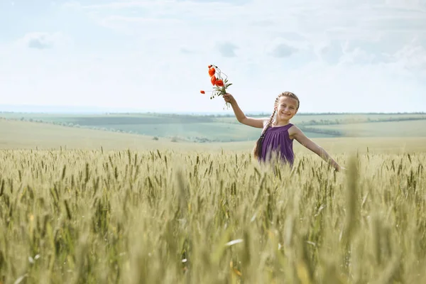 Dívka s červenými Tulipán květy pózuje v pšeničné pole, zářivé slunce, krásné letní krajina — Stock fotografie