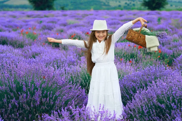 Lány gyermek a levendula virág mező, gyönyörű nyári táj — Stock Fotó