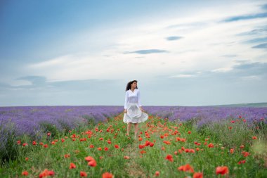 Genç kadın lavanta çiçek alanında, güzel yaz manzara