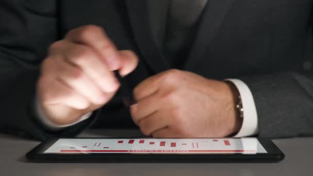 Affärsman Som Arbetar Tablett Analyserar Diagrammen Och Tabellerna Händerna Närbild — Stockvideo